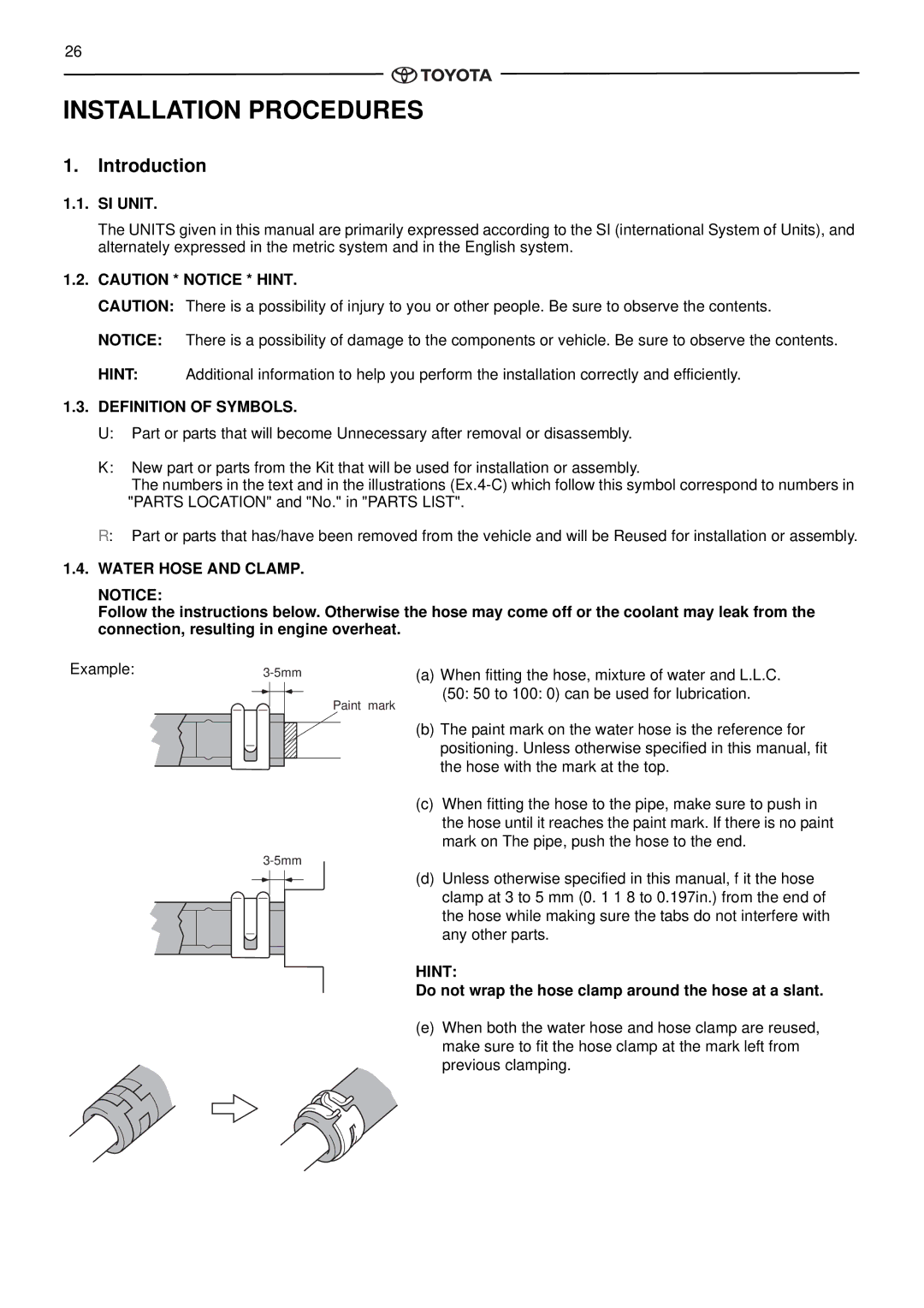 Toyota pmn instruction manual Introduction, Definition of Symbols, Water Hose and Clamp, Hint 