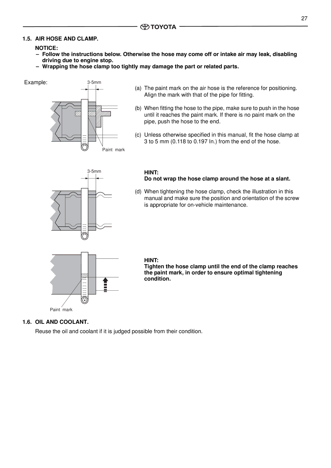 Toyota pmn instruction manual AIR Hose and CLAMP. Notice, OIL and Coolant 