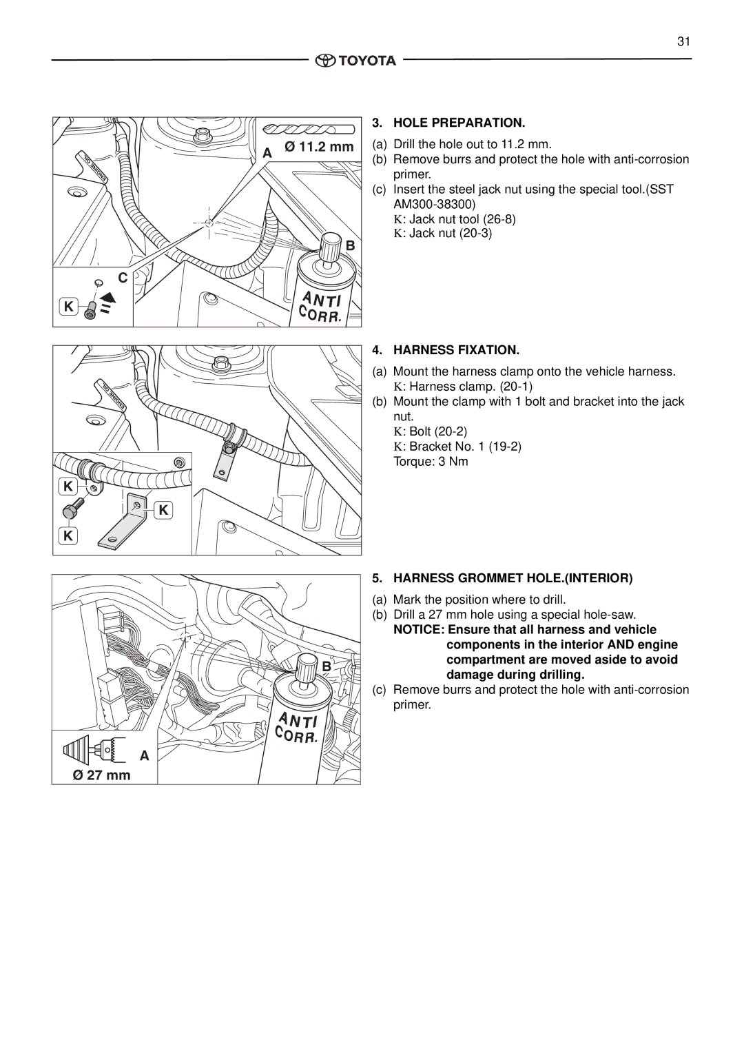 Toyota pmn instruction manual 11.2 mm, 27 mm, Hole Preparation, Harness Fixation, Harness Grommet HOLE.INTERIOR 