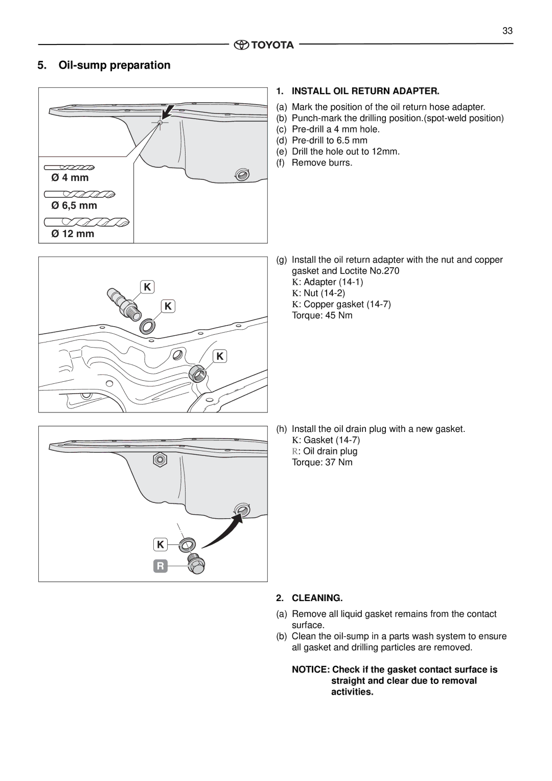 Toyota pmn instruction manual Oil-sump preparation, 5 mm 12 mm, Install OIL Return Adapter, Cleaning 