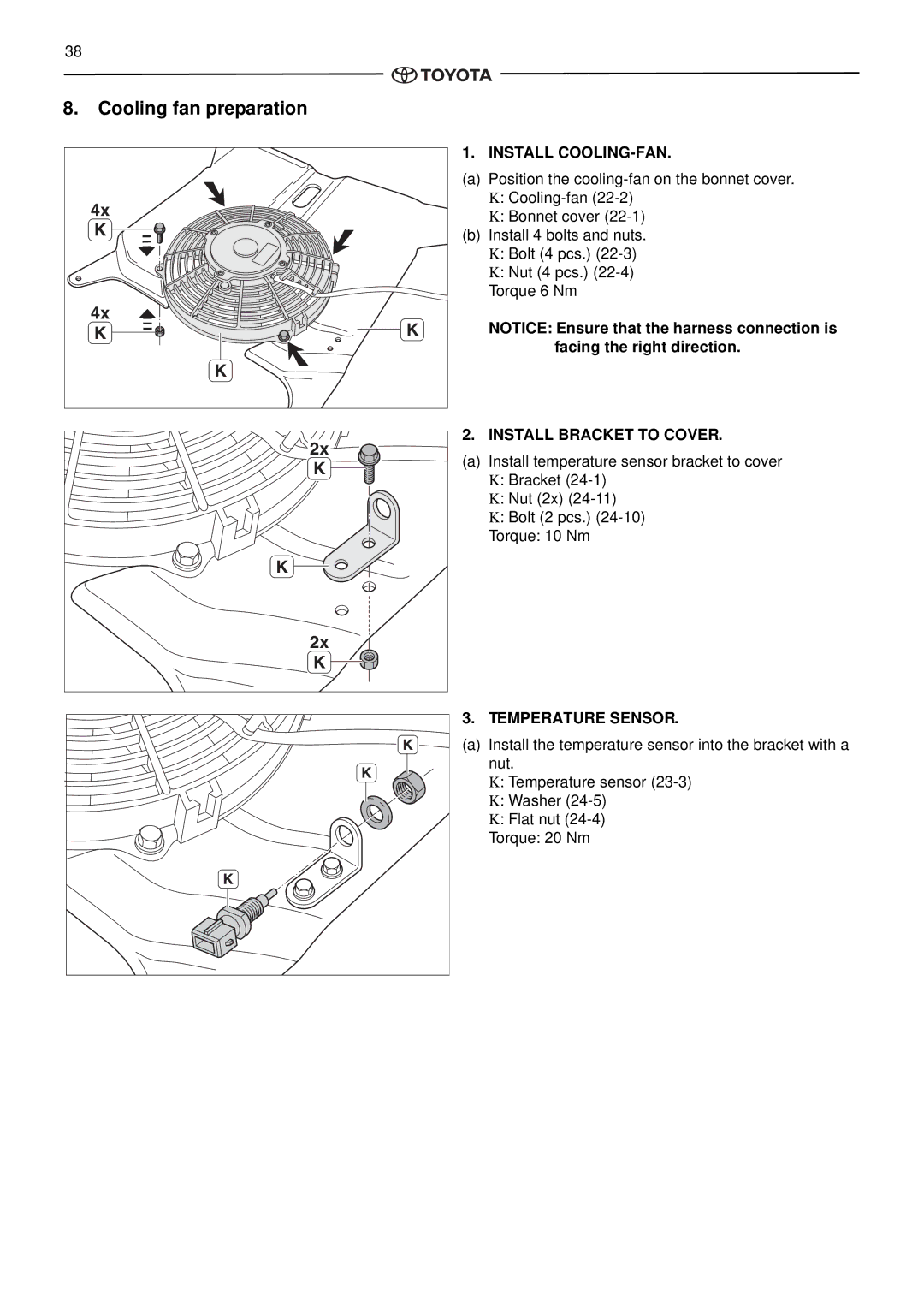 Toyota pmn instruction manual Cooling fan preparation, Install COOLING-FAN, Install Bracket to Cover, Temperature Sensor 