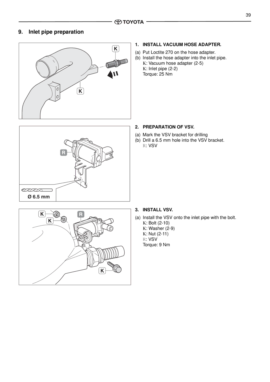 Toyota pmn instruction manual Inlet pipe preparation, 5 mm, Install Vacuum Hose Adapter, Preparation of VSV, Install VSV 