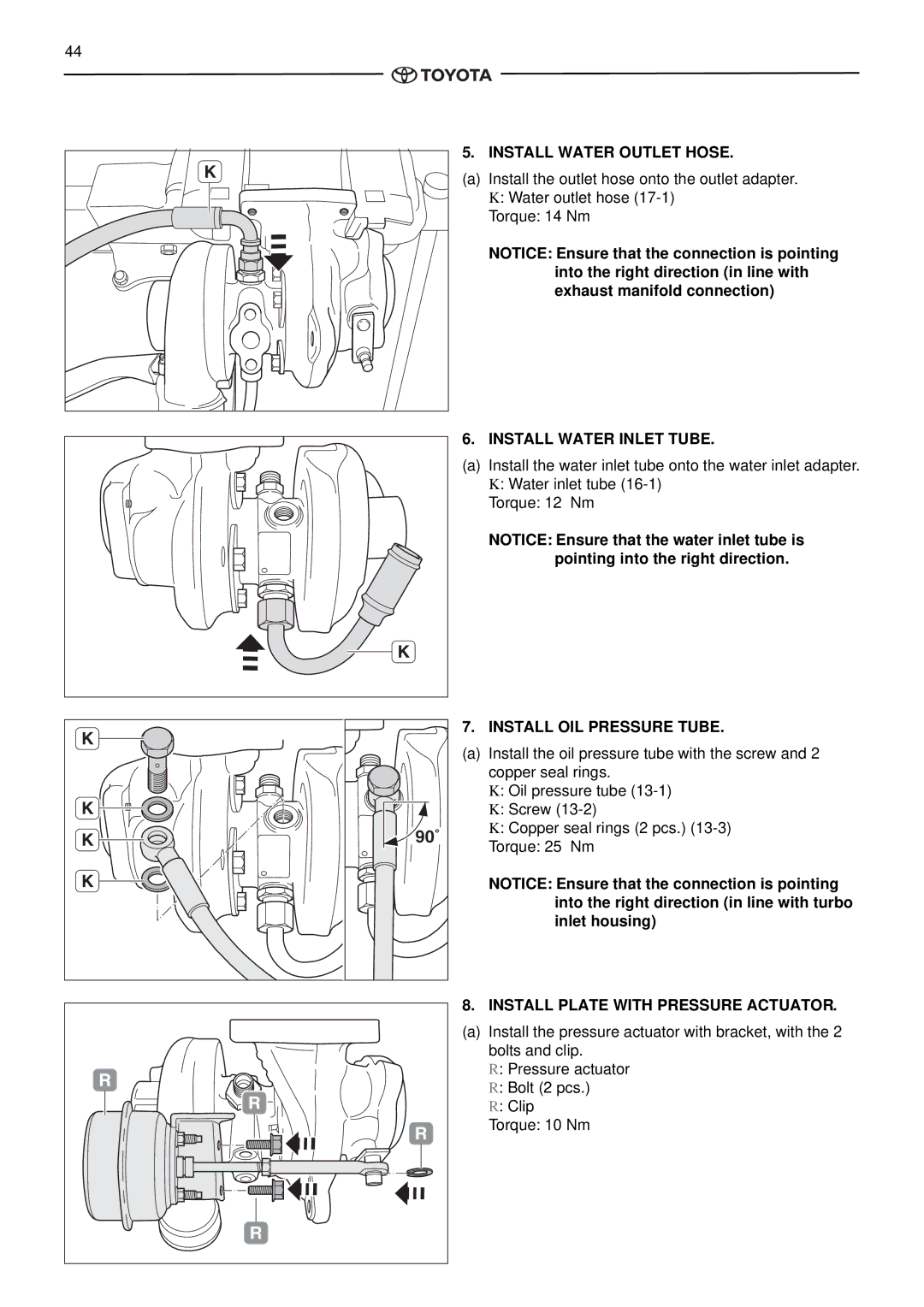 Toyota pmn instruction manual 90˚, Install Water Outlet Hose, Install Water Inlet Tube, Install OIL Pressure Tube 