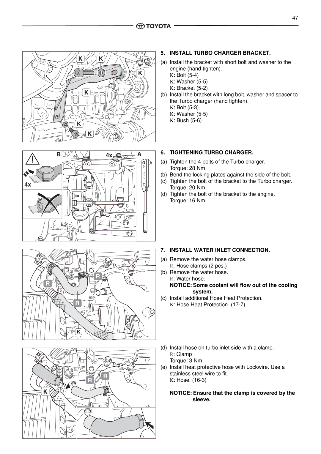 Toyota pmn instruction manual Install Turbo Charger Bracket, Tightening Turbo Charger, Install Water Inlet Connection 