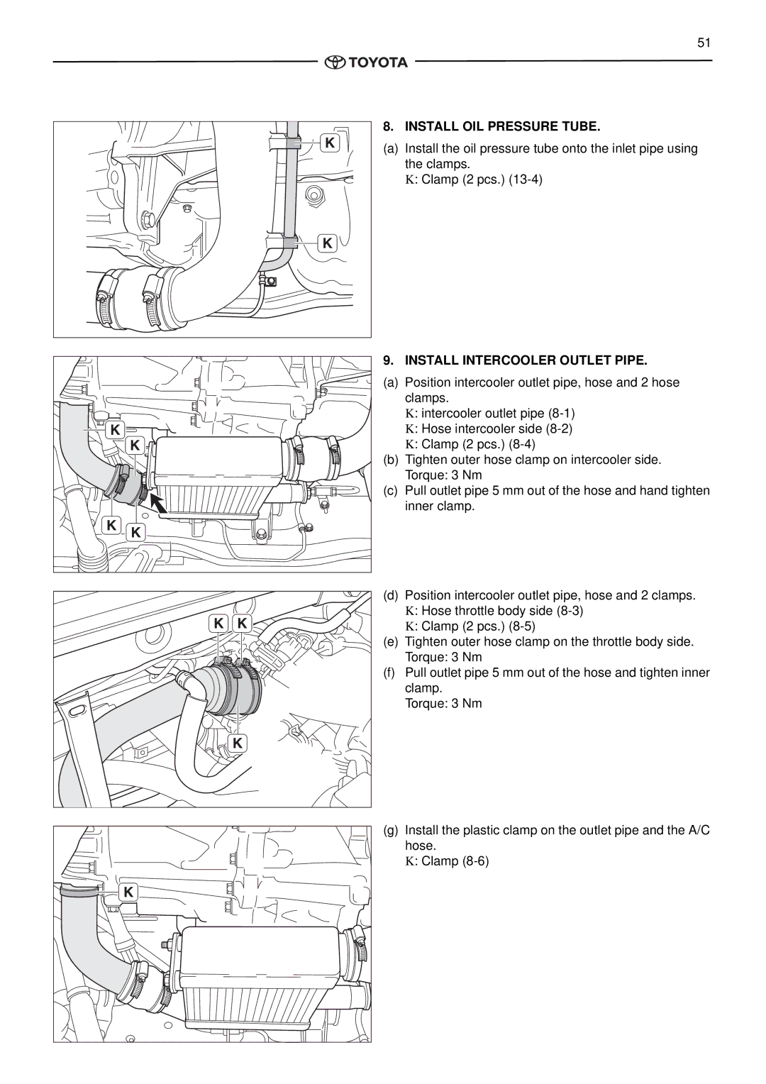 Toyota pmn instruction manual Install OIL Pressure Tube, Install Intercooler Outlet Pipe 