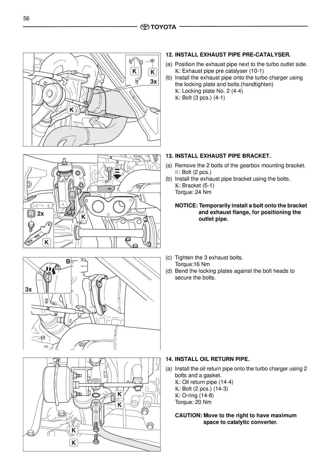 Toyota pmn instruction manual Install Exhaust Pipe PRE-CATALYSER, Install Exhaust Pipe Bracket, Install OIL Return Pipe 