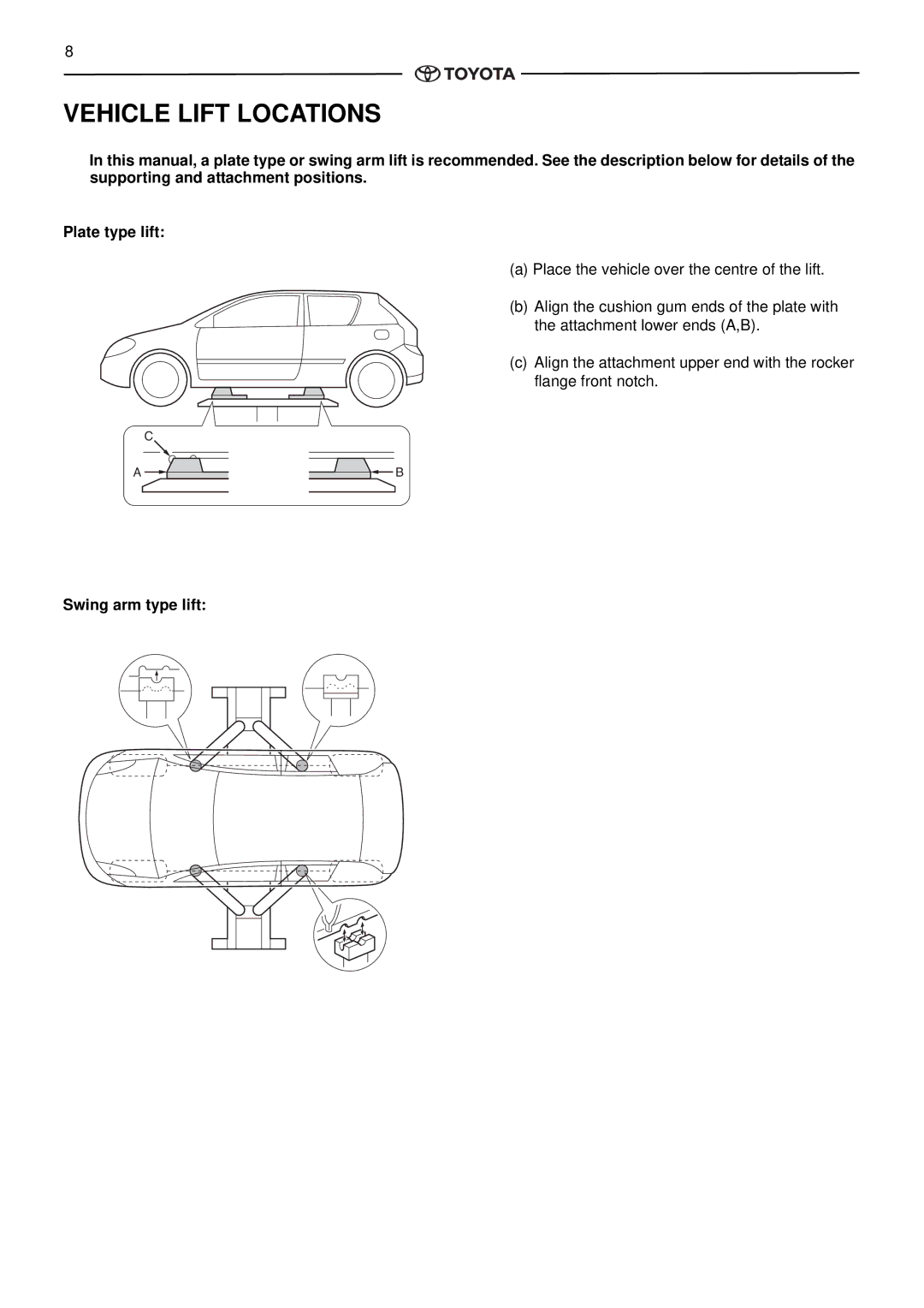 Toyota pmn instruction manual Vehicle Lift Locations 