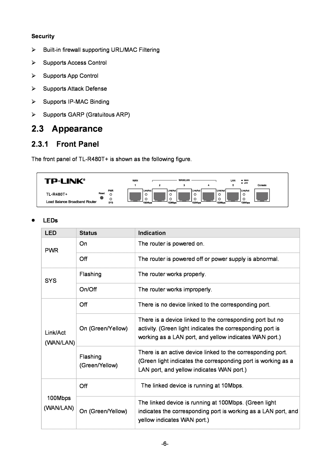TP-Link 1910010933 manual Appearance, Front Panel, Security, z LEDs, Status, Indication 