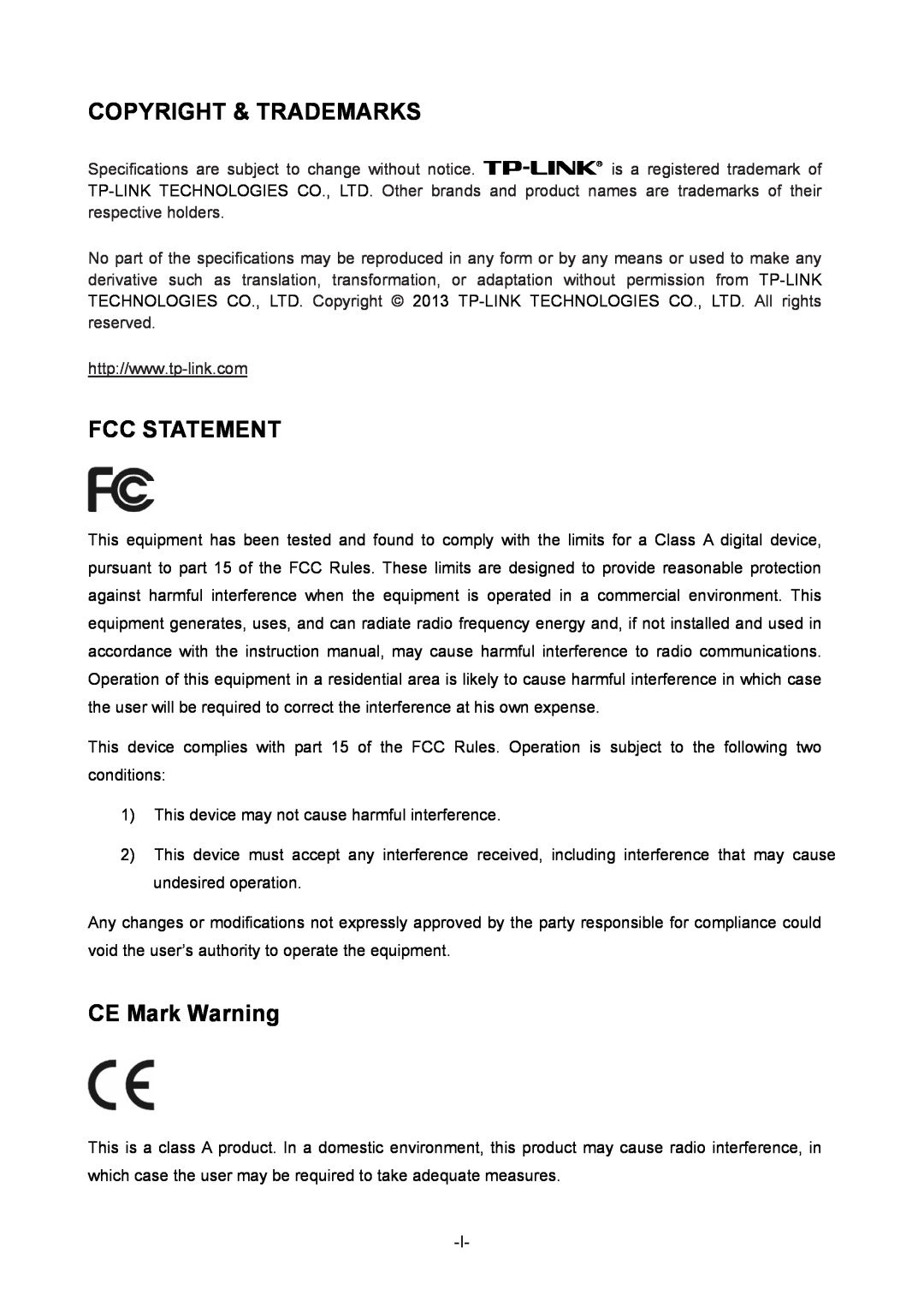 TP-Link 1910010933 manual Copyright & Trademarks, Fcc Statement, CE Mark Warning 