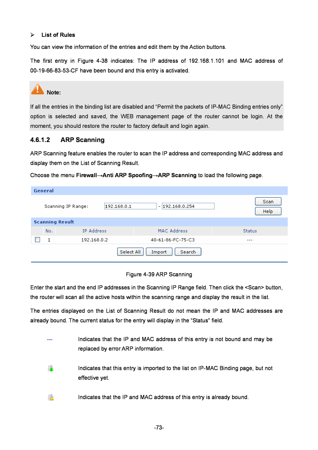 TP-Link 1910010933 manual ARP Scanning, ¾ List of Rules 