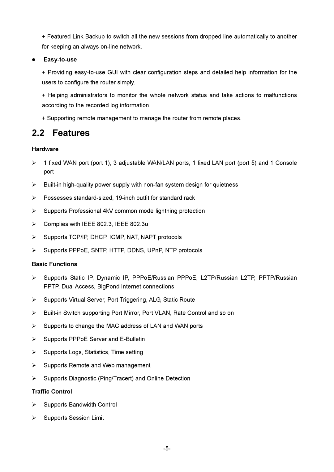 TP-Link 1910010933 manual Features, Easy-to-use, Hardware, Basic Functions, Traffic Control 