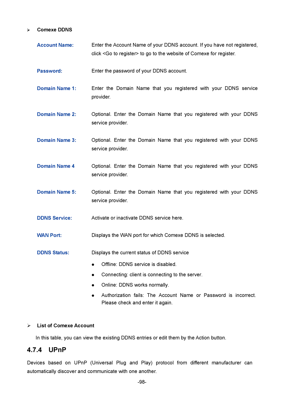 TP-Link 1910010933 manual UPnP, ¾ Comexe Ddns, ¾ List of Comexe Account 