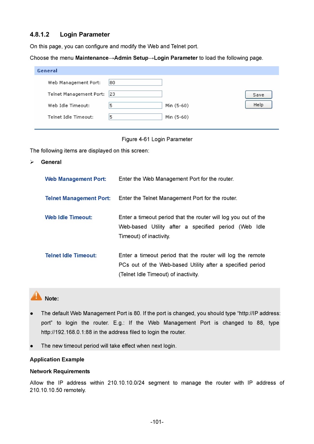 TP-Link 1910010933 manual Login Parameter, Application Example Network Requirements 