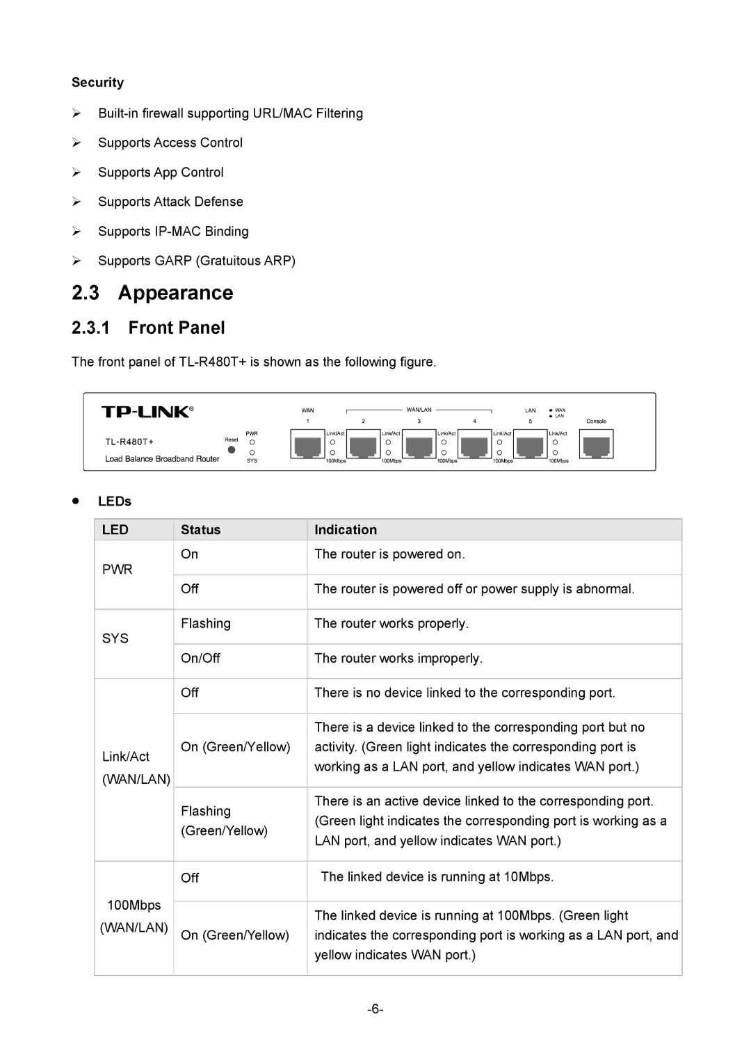 TP-Link 1910010933 manual Appearance, Front Panel, Security, LEDs, Status Indication 