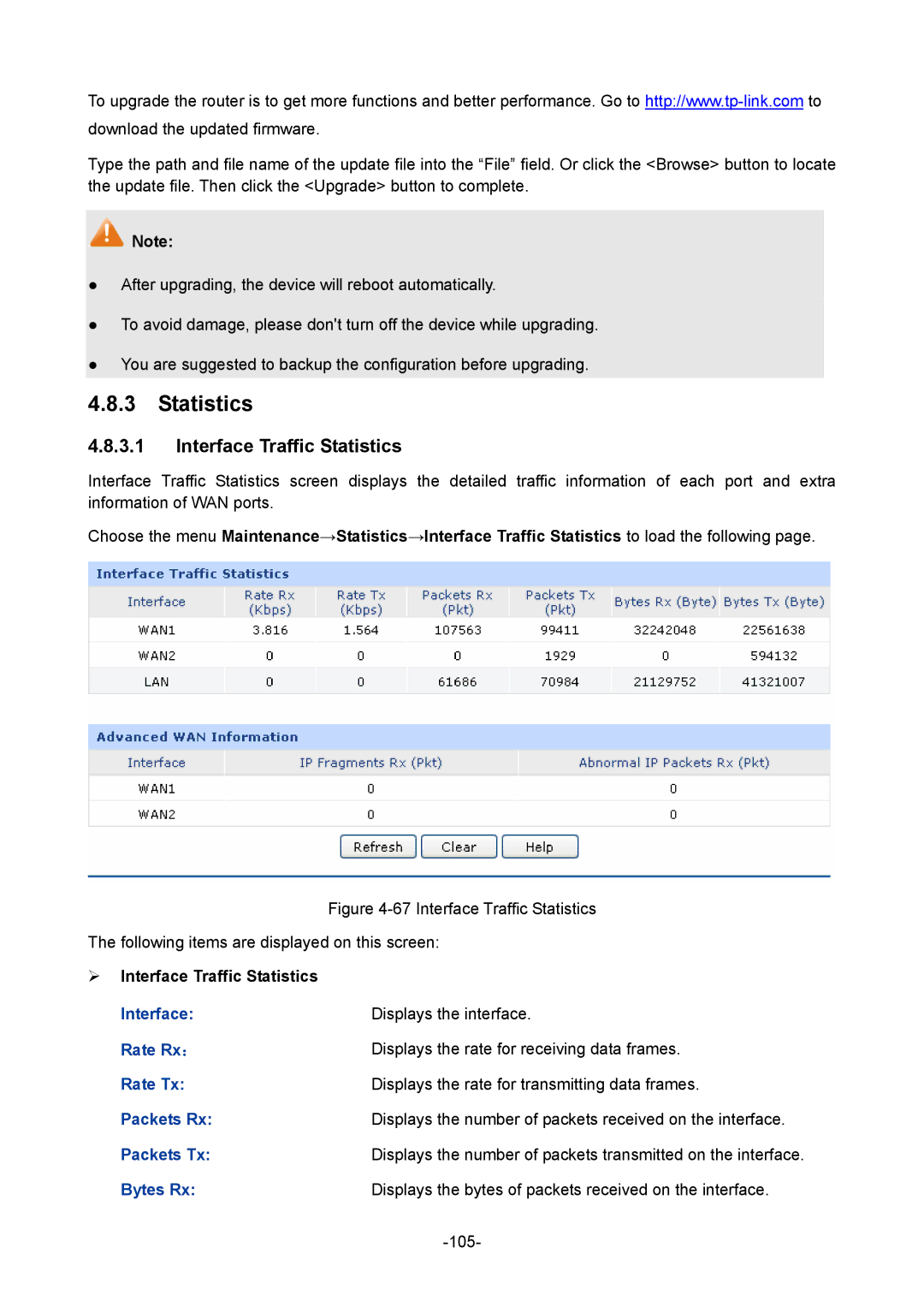 TP-Link 1910010933 manual ¾ Interface Traffic Statistics, Interface Rate Rx： Rate Tx Packets Rx Packets Tx Bytes Rx 