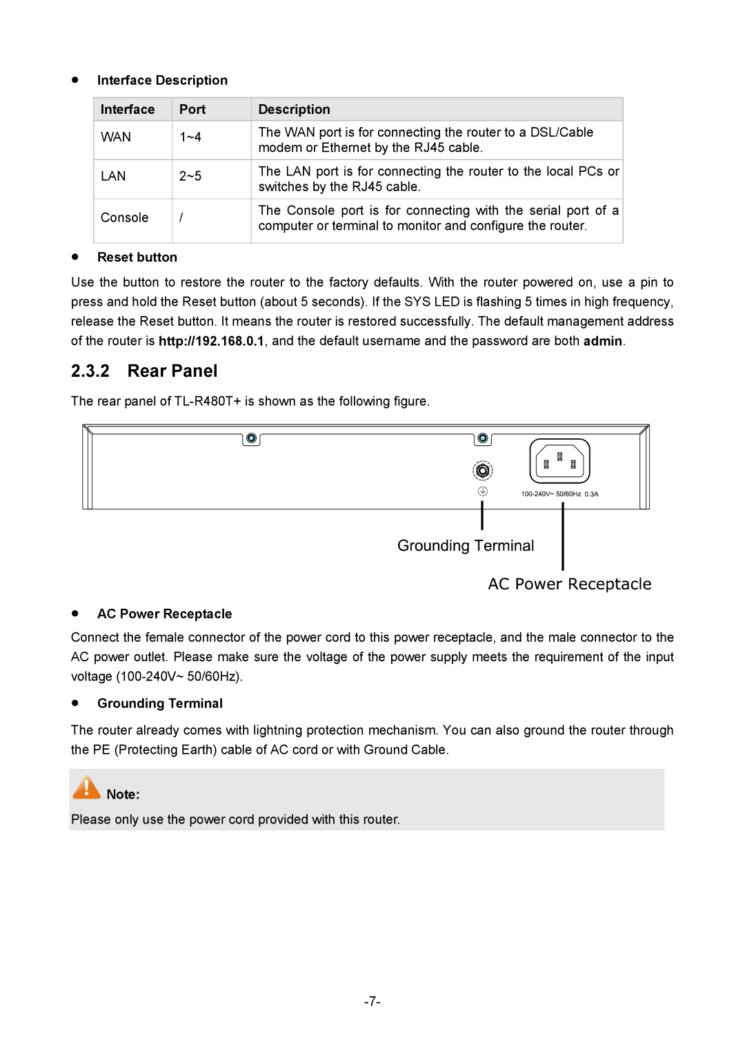 TP-Link 1910010933 manual Rear Panel, Interface Description Port, Reset button, AC Power Receptacle, Grounding Terminal 