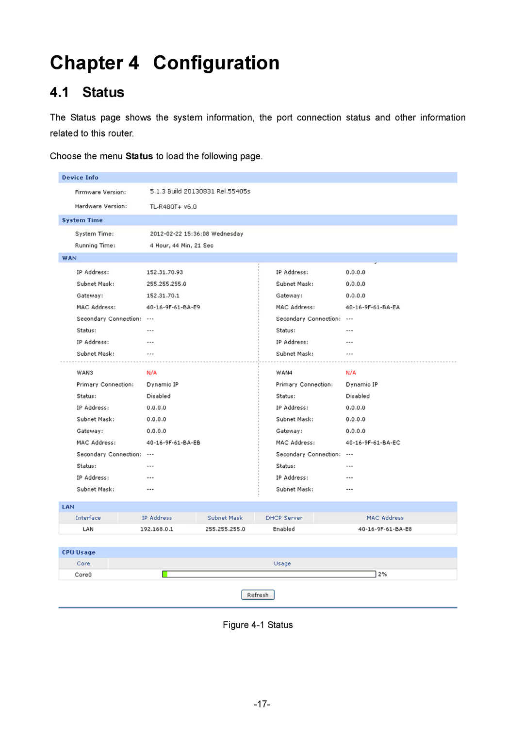 TP-Link 1910010933 manual Configuration, Status 