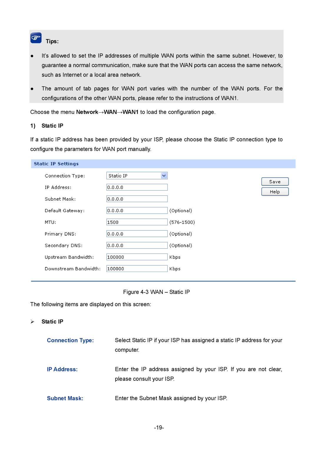 TP-Link 1910010933 manual ¾ Static IP 