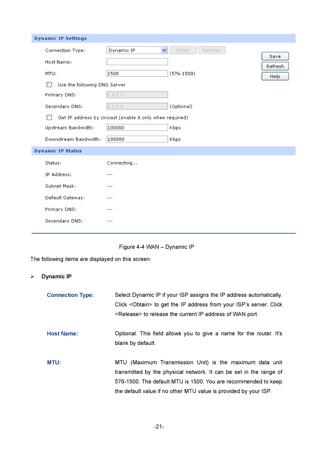 TP-Link 1910010933 manual WAN Dynamic IP Following items are displayed on this screen, ¾ Dynamic IP 