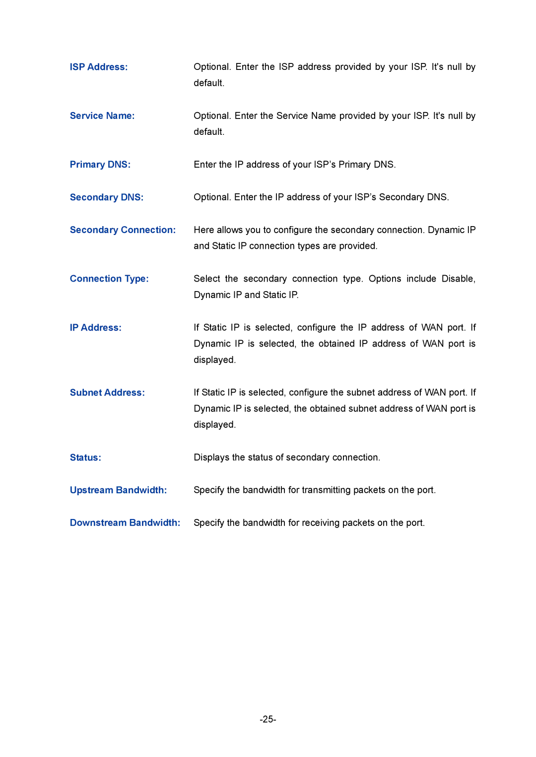 TP-Link 1910010933 ISP Address, Service Name, Secondary Connection, Connection Type, Subnet Address, Downstream Bandwidth 