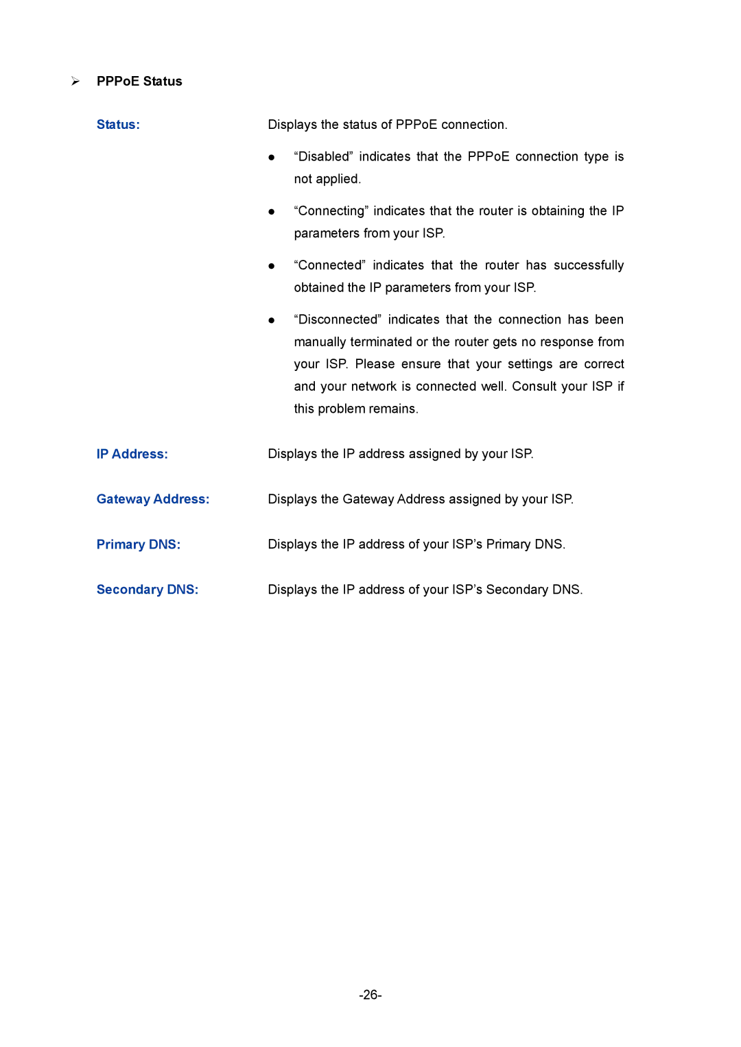 TP-Link 1910010933 manual ¾ PPPoE Status, Gateway Address 