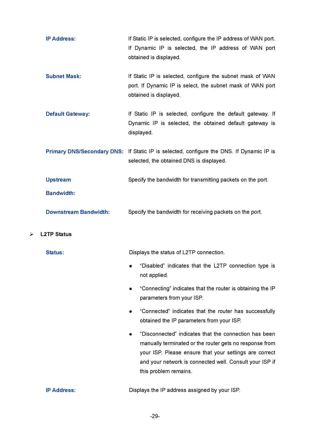 TP-Link 1910010933 manual Upstream, Bandwidth Downstream Bandwidth, ¾ L2TP Status 