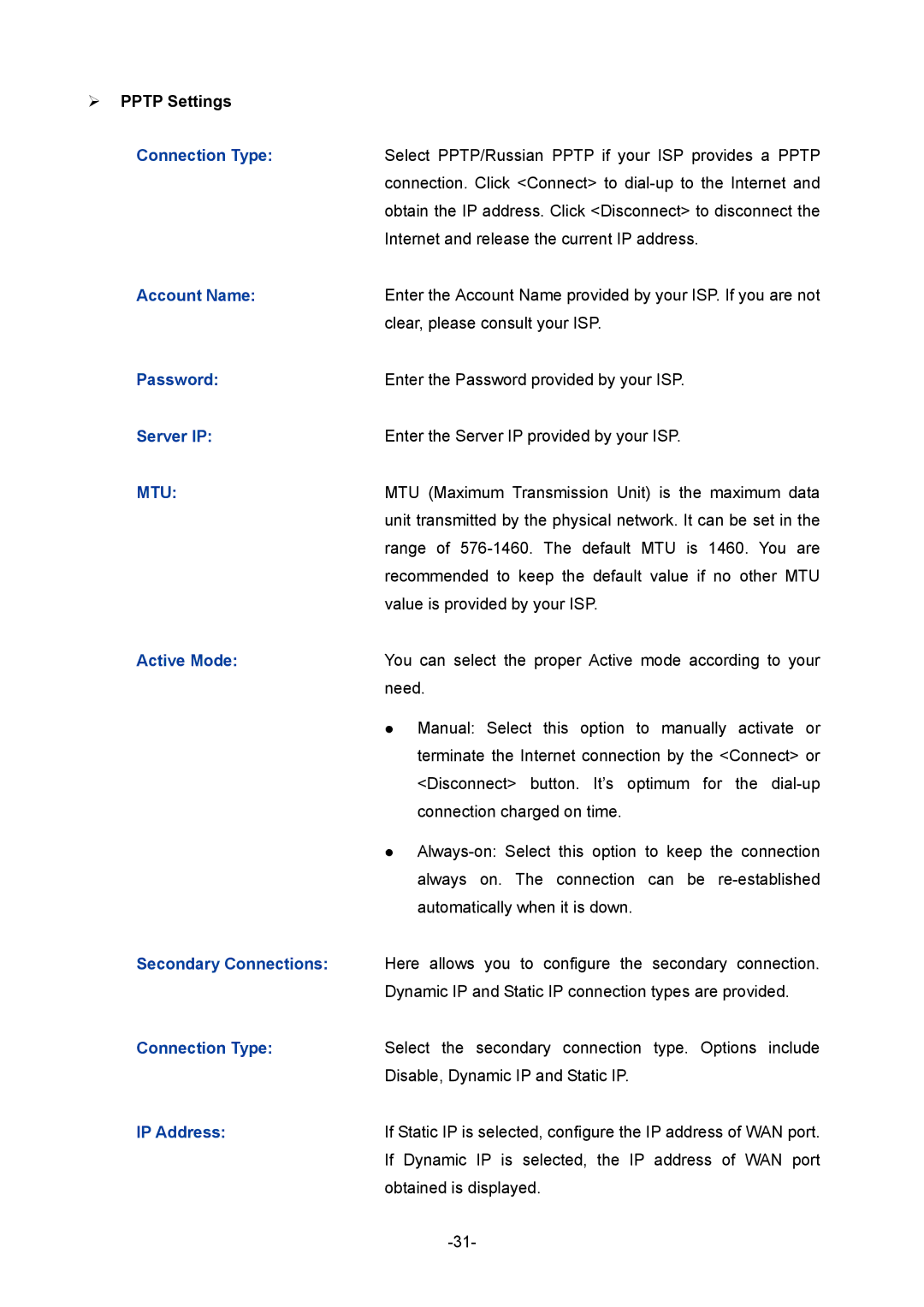 TP-Link 1910010933 manual ¾ Pptp Settings, Secondary Connections 