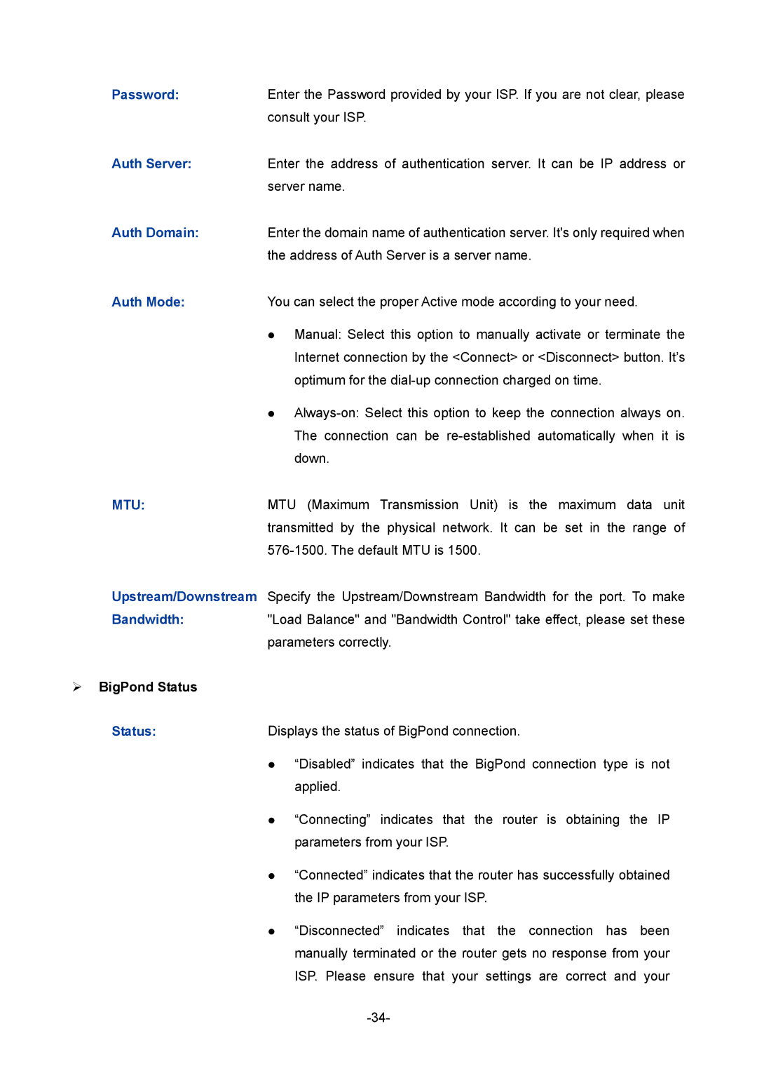 TP-Link 1910010933 manual ¾ BigPond Status 