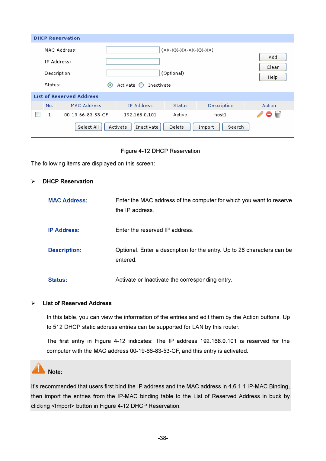 TP-Link 1910010933 manual ¾ Dhcp Reservation, ¾ List of Reserved Address 