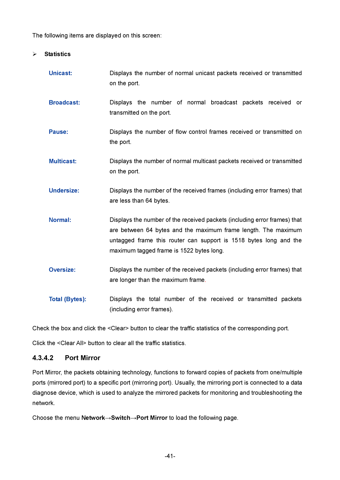 TP-Link 1910010933 manual Port Mirror, ¾ Statistics 