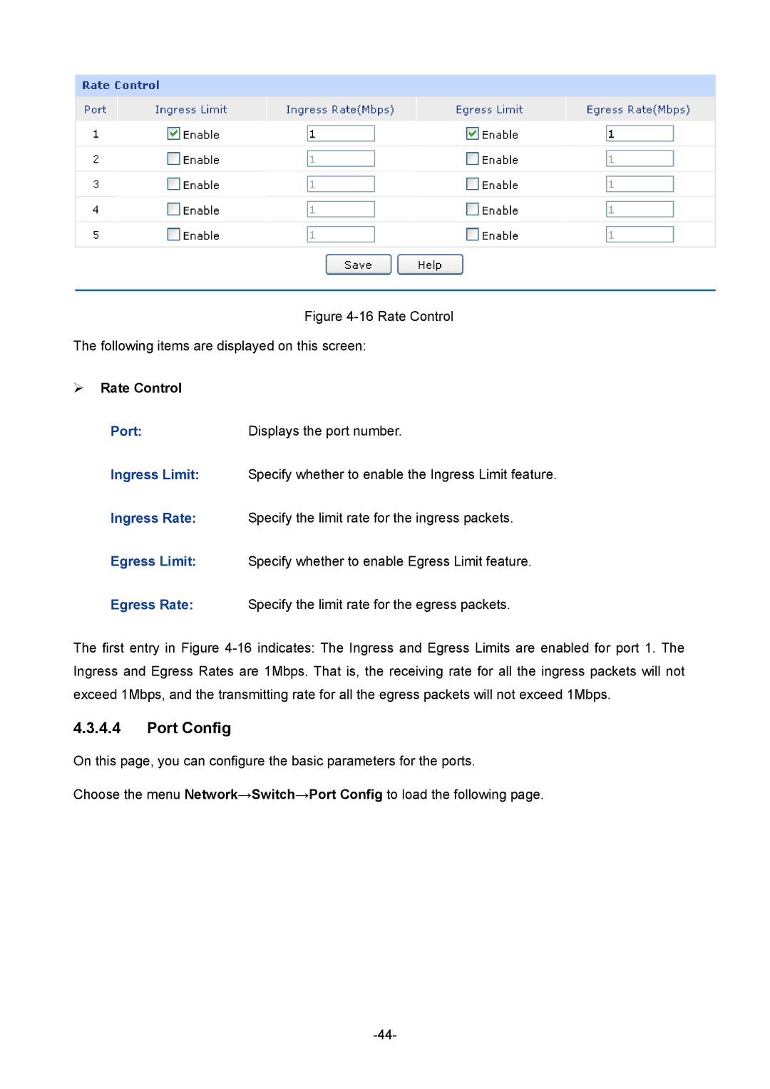 TP-Link 1910010933 manual Port Config, ¾ Rate Control 