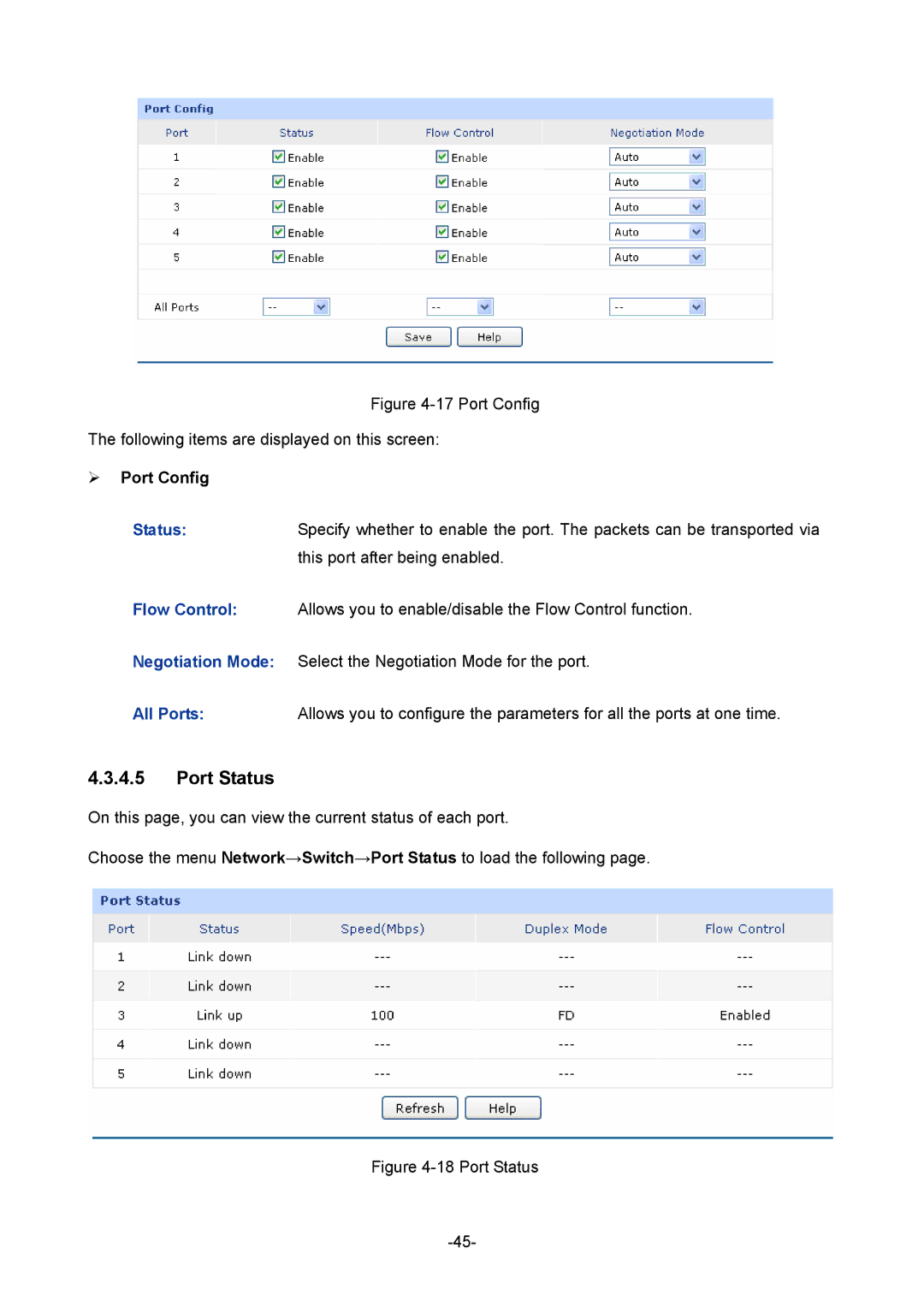 TP-Link 1910010933 manual Port Status, ¾ Port Config 