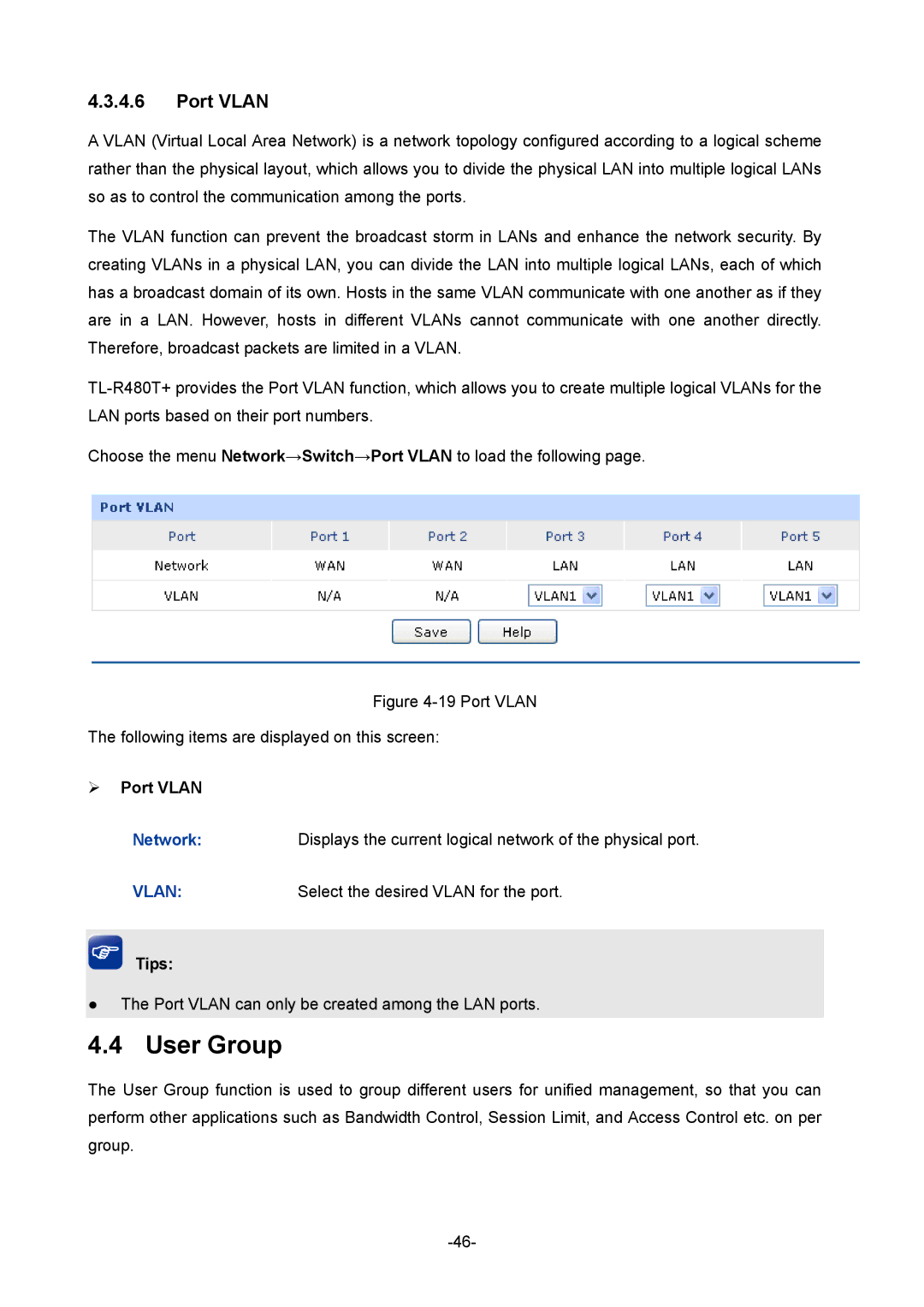 TP-Link 1910010933 manual User Group, ¾ Port Vlan 