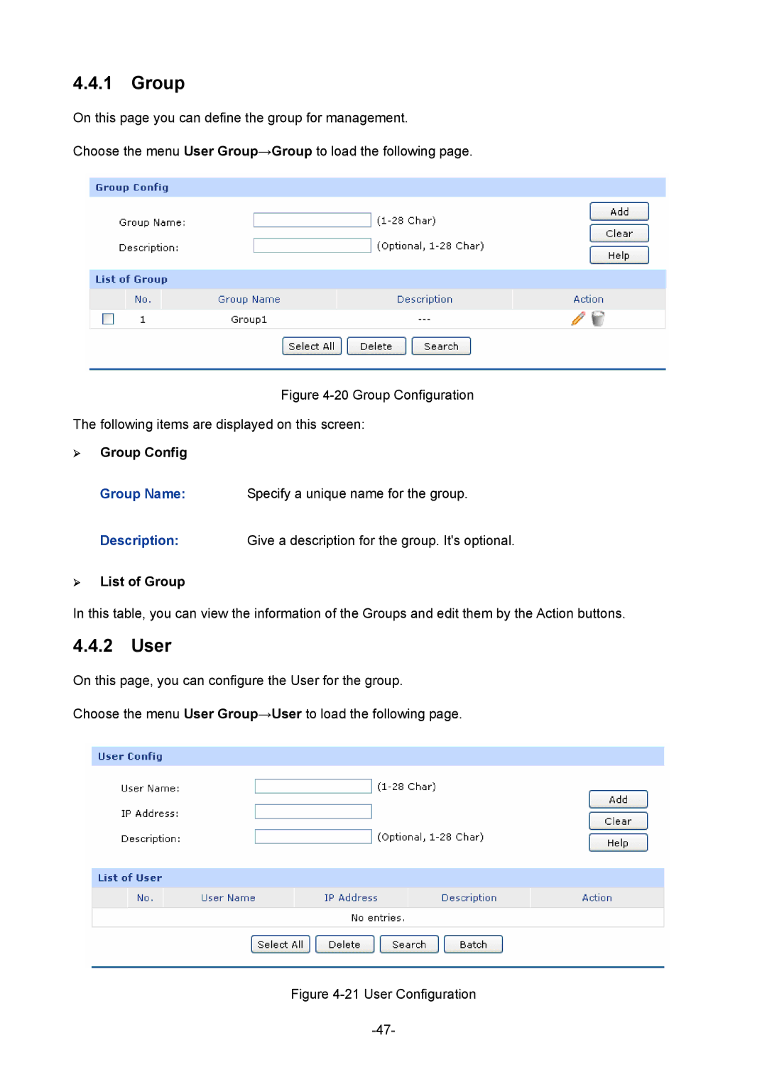 TP-Link 1910010933 manual User, ¾ Group Config, ¾ List of Group 