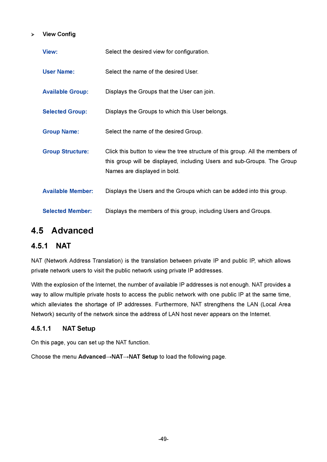 TP-Link 1910010933 manual Advanced, 1 NAT, NAT Setup, ¾ View Config 