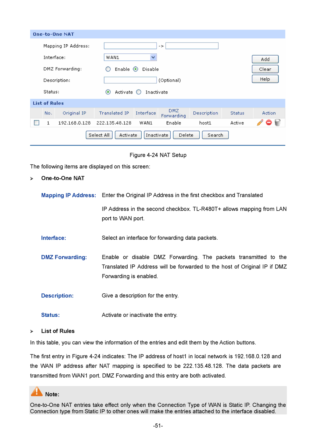 TP-Link 1910010933 manual ¾ One-to-One NAT, ¾ List of Rules 