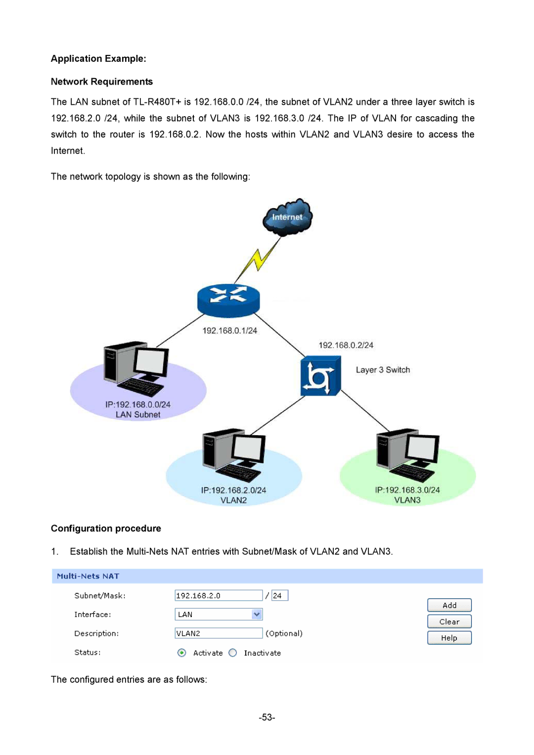 TP-Link 1910010933 manual Application Example Network Requirements, Configuration procedure 