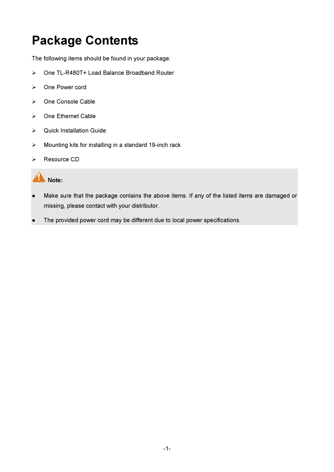 TP-Link 1910010933 manual Package Contents 