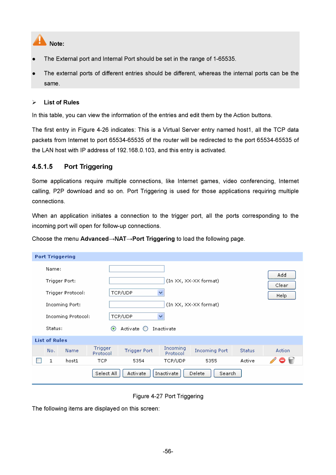 TP-Link 1910010933 manual Port Triggering, ¾ List of Rules 