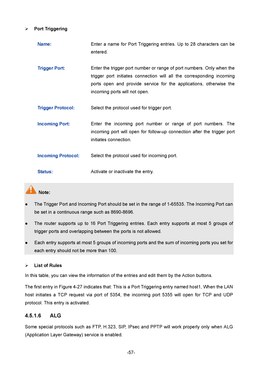 TP-Link 1910010933 manual 1.6 ALG, ¾ Port Triggering 