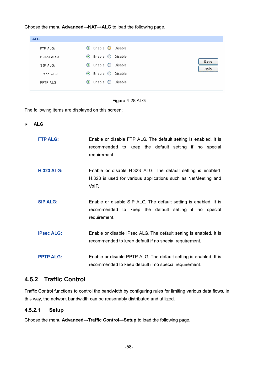 TP-Link 1910010933 manual Traffic Control, Setup, ¾ ALG, 323 ALG, IPsec ALG 