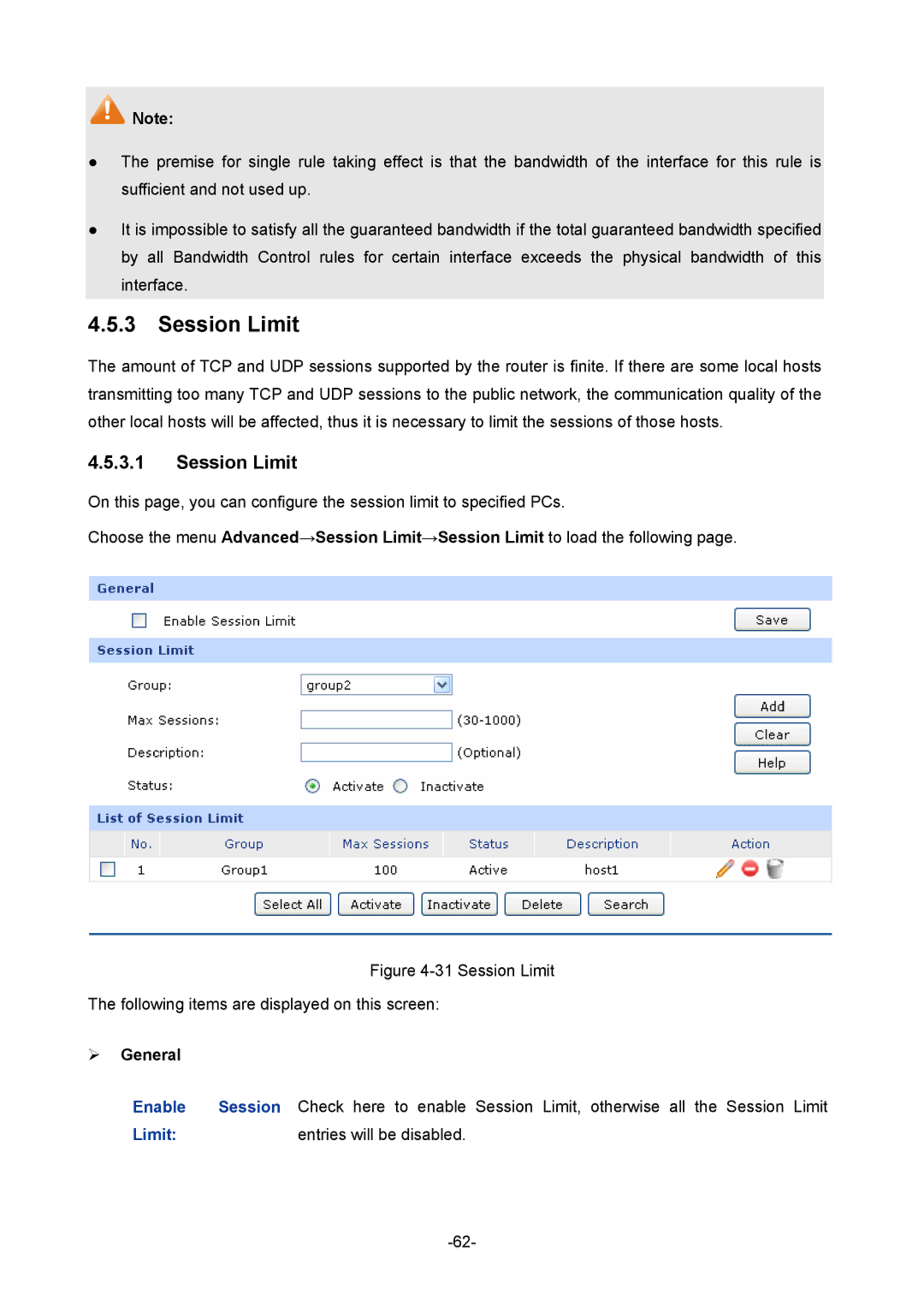 TP-Link 1910010933 manual Session Limit, Enable 