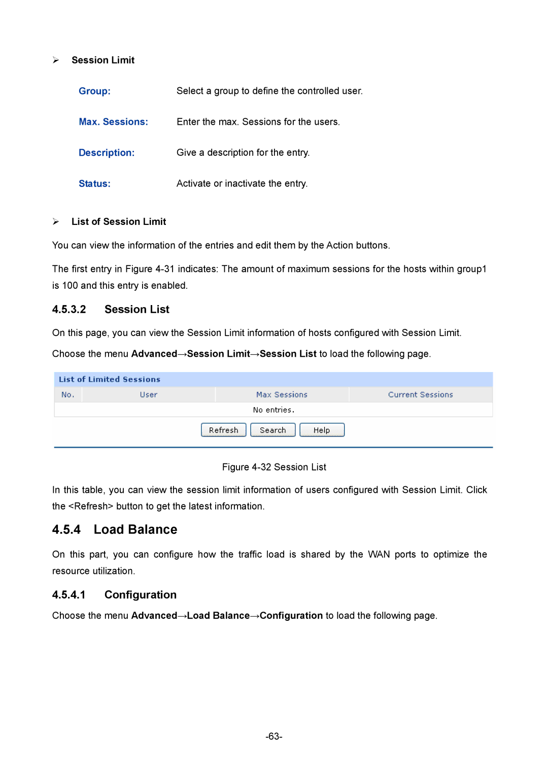 TP-Link 1910010933 manual Load Balance, Session List, Configuration, ¾ Session Limit, ¾ List of Session Limit 