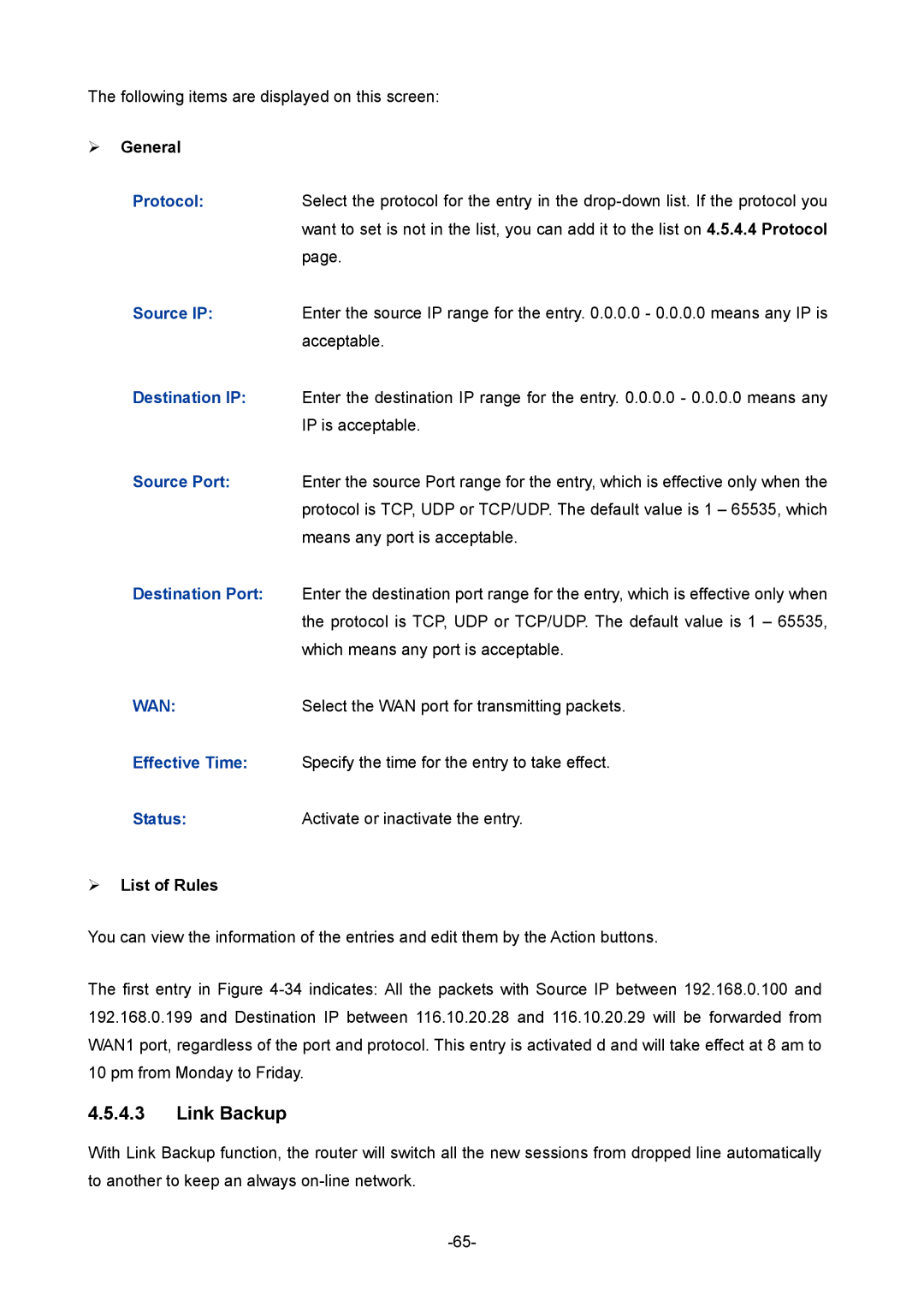 TP-Link 1910010933 manual Link Backup, Wan 