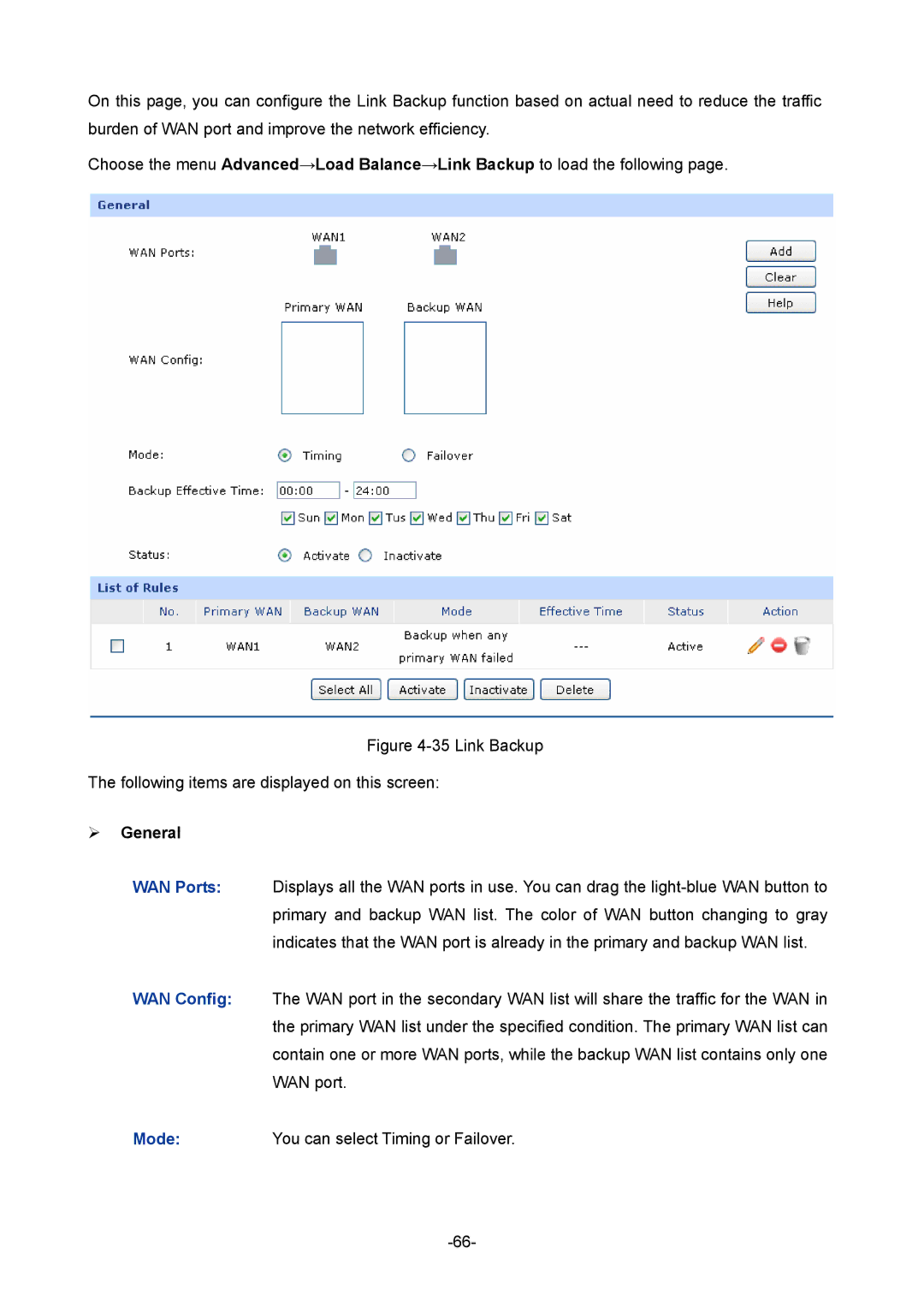 TP-Link 1910010933 manual Link Backup Following items are displayed on this screen 