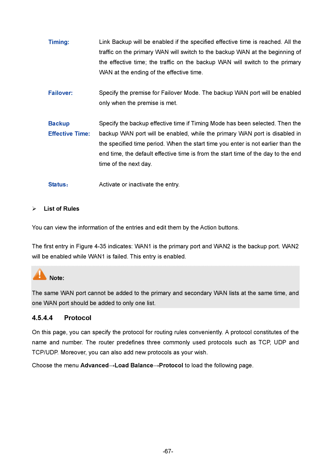 TP-Link 1910010933 manual Protocol, Timing, Failover, Backup, Status ： 