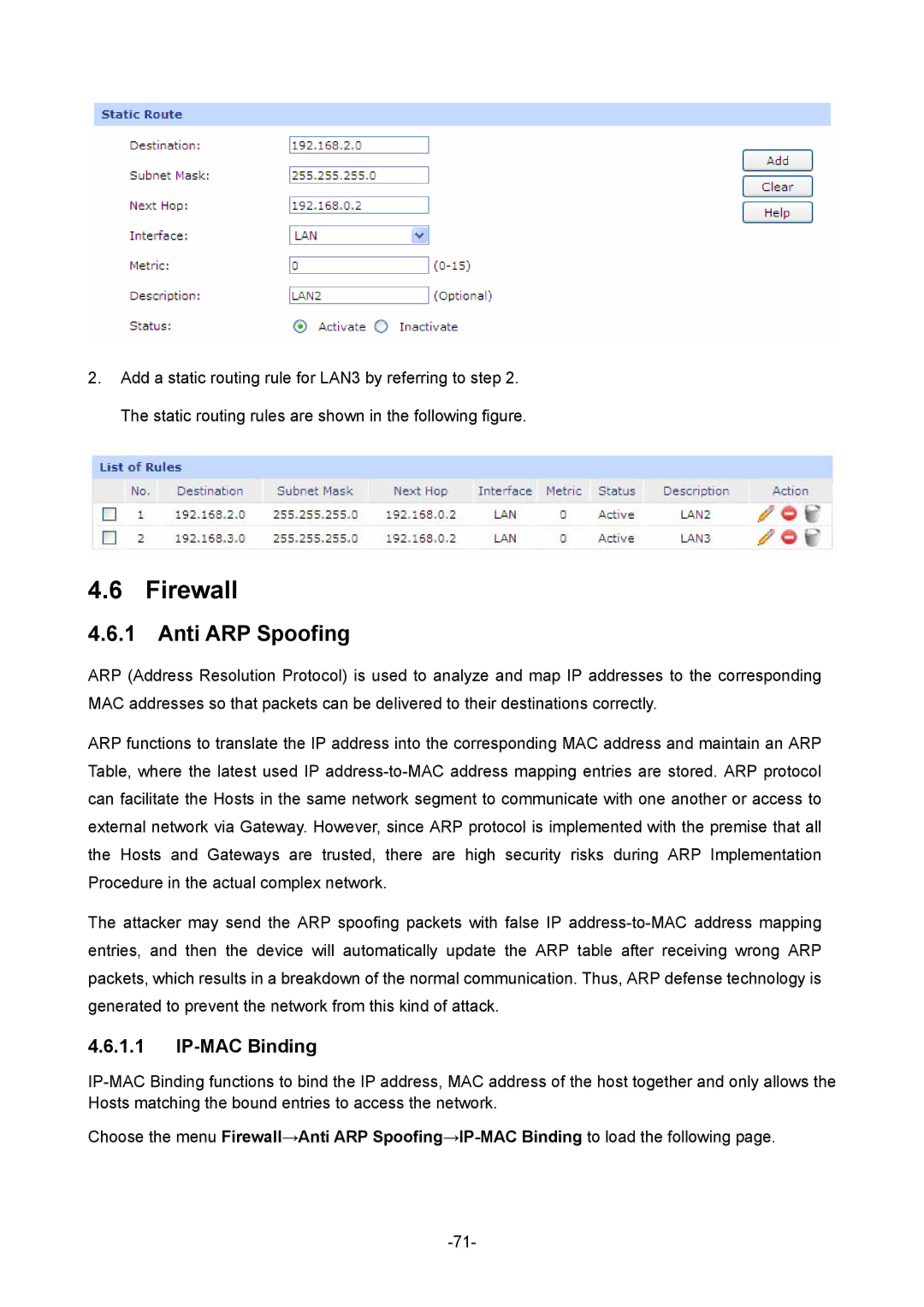 TP-Link 1910010933 manual Firewall, Anti ARP Spoofing, IP-MAC Binding 