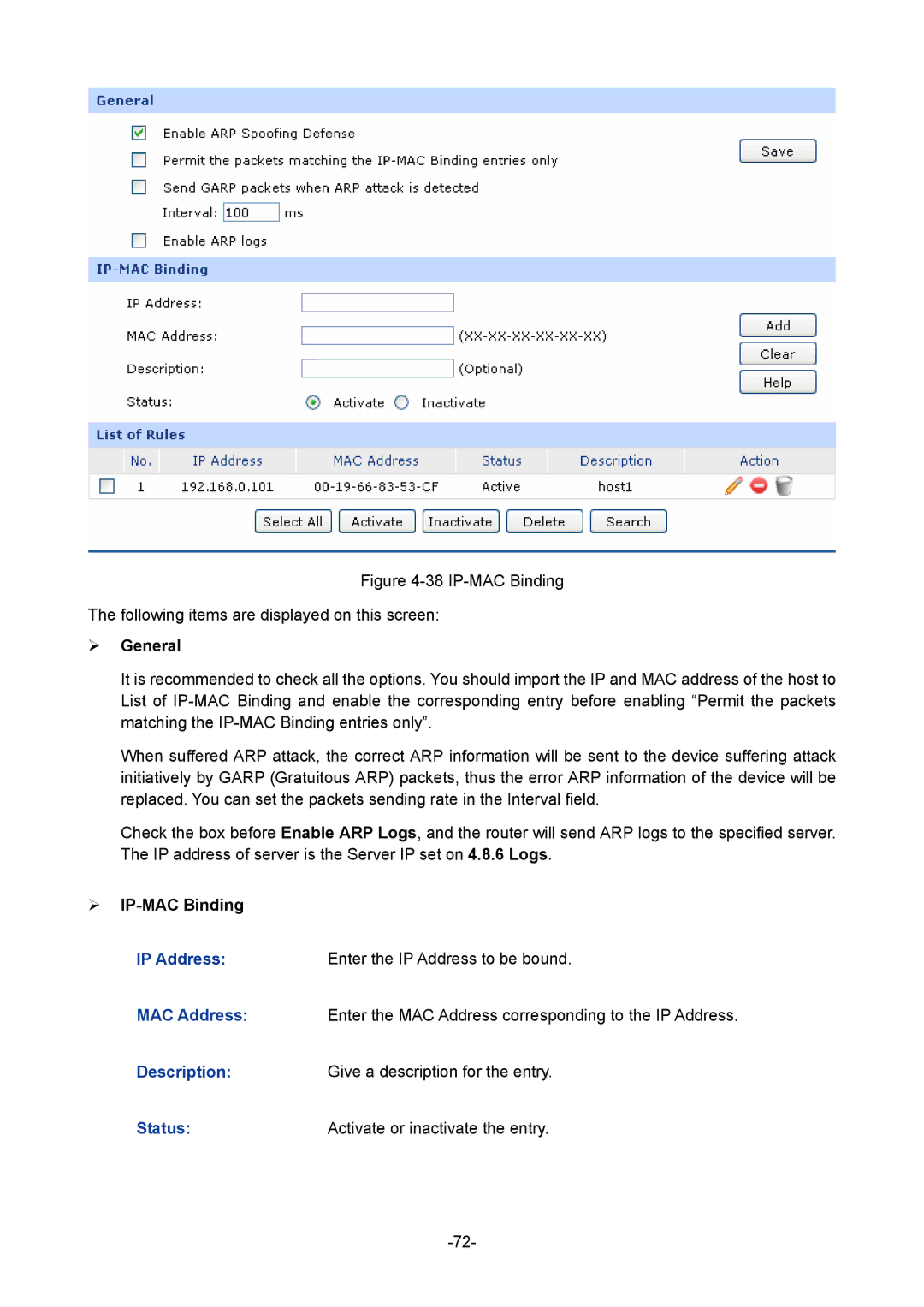 TP-Link 1910010933 manual ¾ General, ¾ IP-MAC Binding 