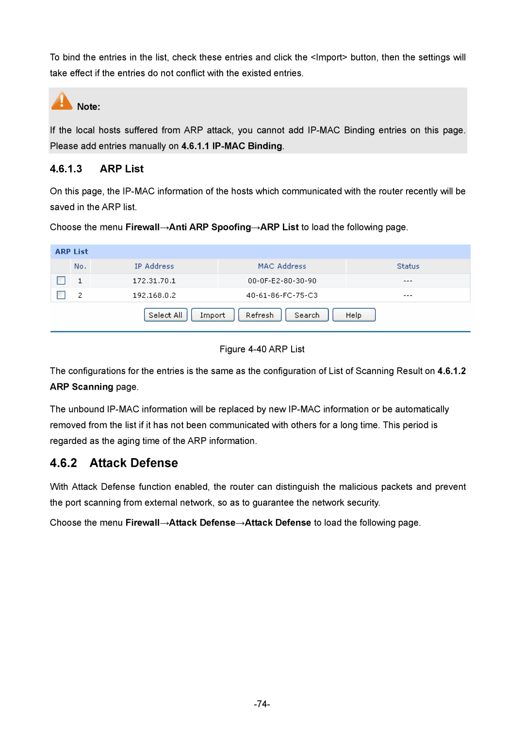 TP-Link 1910010933 manual Attack Defense, ARP List 