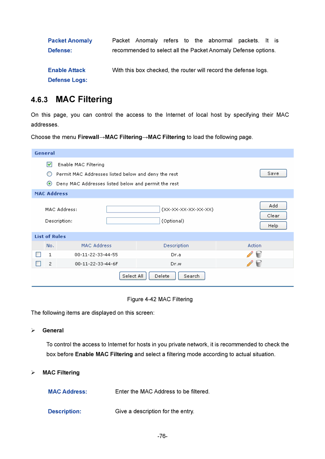 TP-Link 1910010933 manual ¾ MAC Filtering 